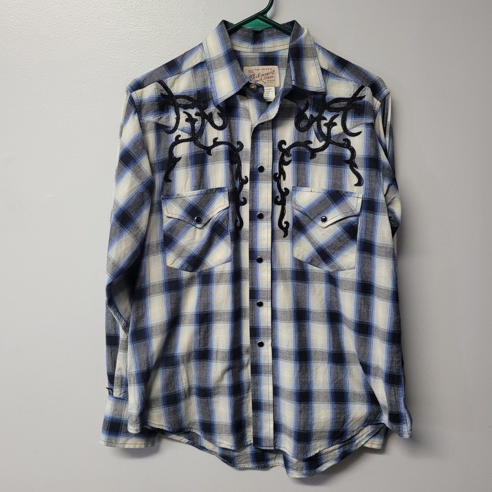 Tru West Rockmount Ranch Wear Mens Western Shirt‎ Blue Plaid Embroidered Cotton
